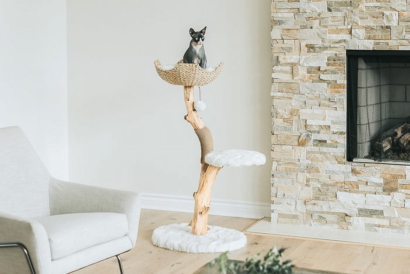 Alpine White Wooden Cat Tree with Wicker Basket
