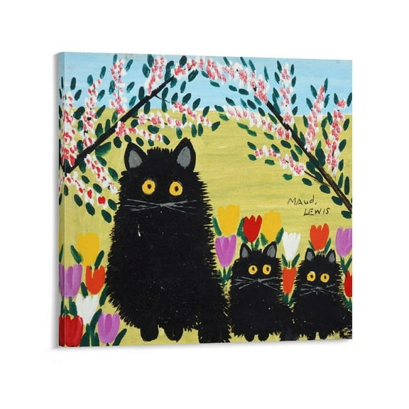 Maud Lewis Painting Print Black Cat Two Kittens Canvas Poster Wall Art Picture Prints Hanging Photo Gift Decor Home Posters Artworks 20x20inch(50x50cm)