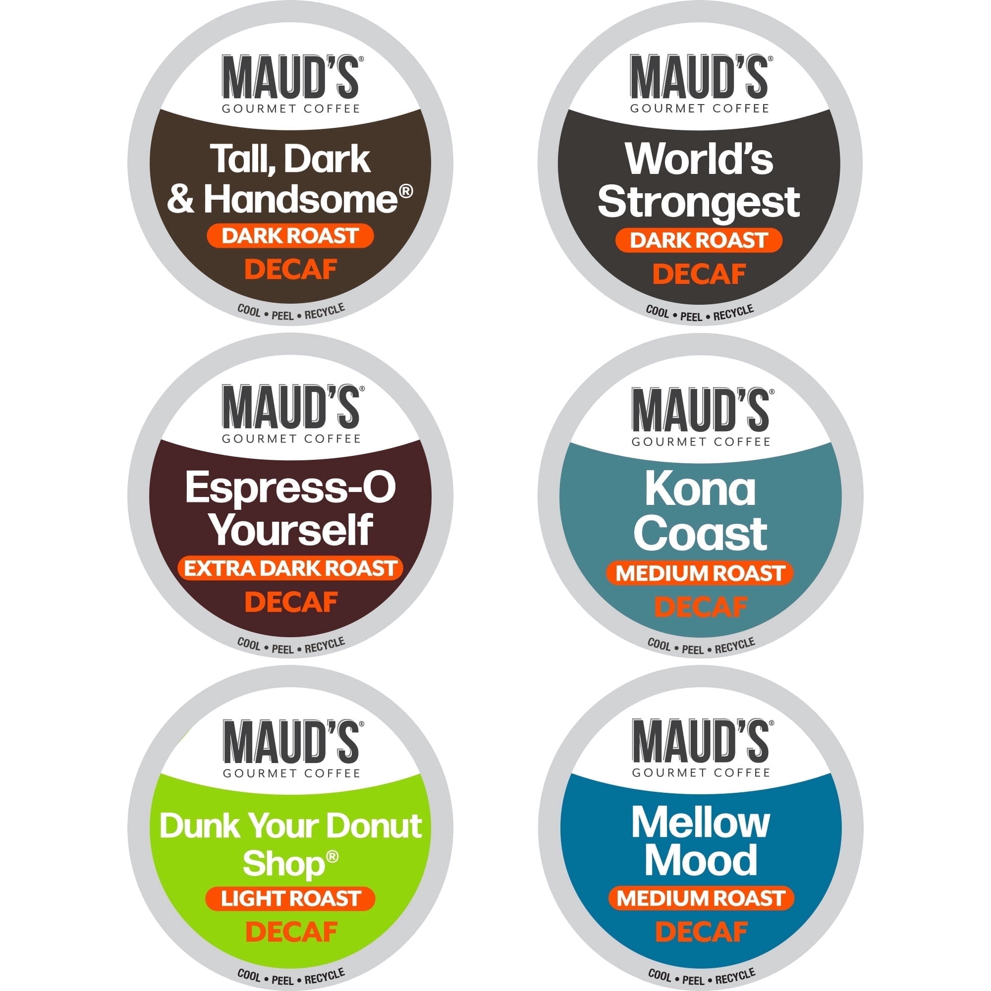 Maud's Decaf Coffee Pods Variety Pack, 54 ct, 6 Assorted Roasts & Flavors, Decaf Dark & Medium Roast Coffee in Single Serve Pods - 100% Arabica Coffee, Compatible with Keurig K Cups Maker