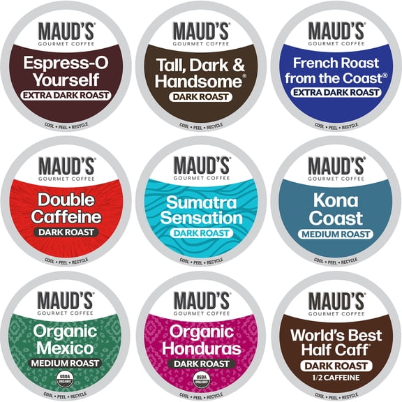 Maud's Bold Dark Roast Coffee Pods Variety Pack, 40 ct, 9 Assorted Dark Roast Flavors in Recyclable Single Serve Pods 100% Arabica Coffee, Compatible with Keurig K Cups Maker