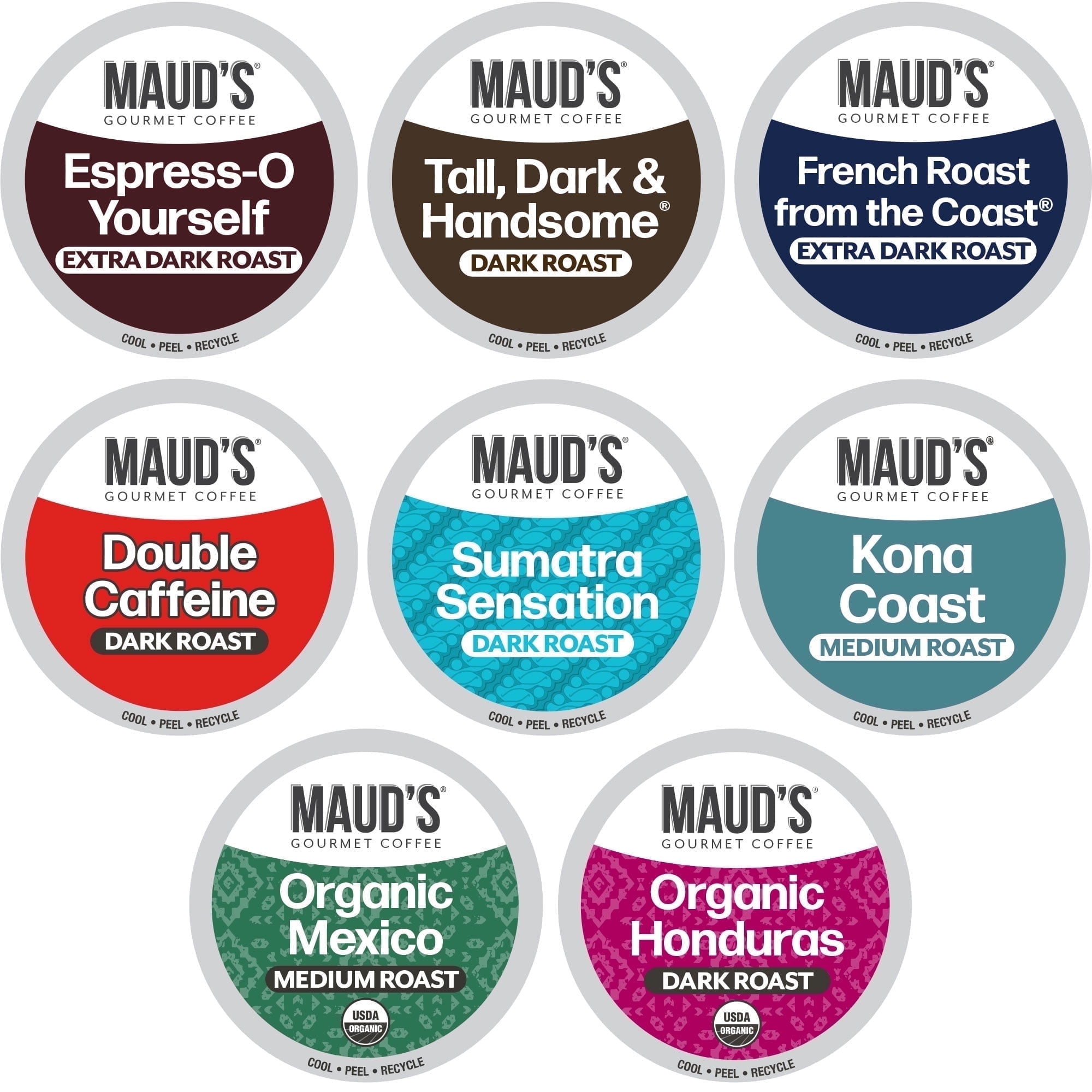 Maud's Bold Dark Roast Coffee Pods Variety Pack, 40 ct, 8 Assorted Dark Roast Flavors in Recyclable Single Serve Pods 100% Arabica Coffee, Compatible with Keurig K Cups Maker