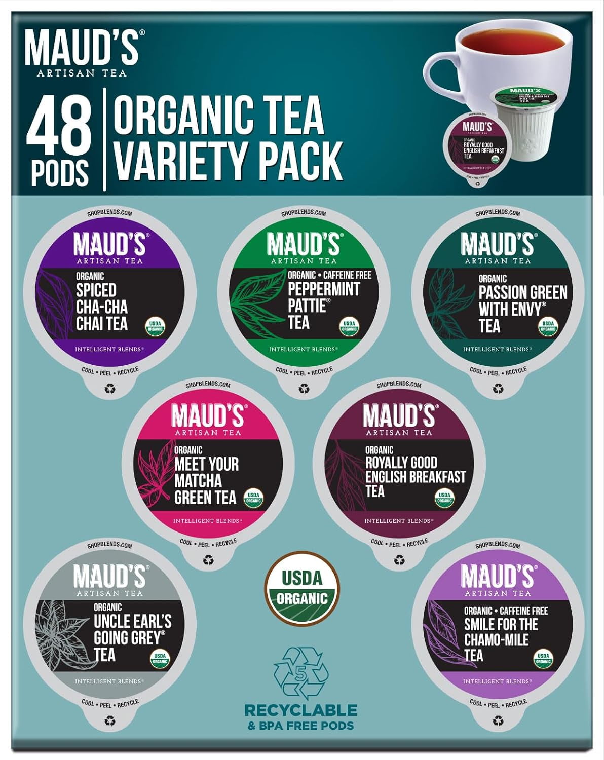 Maud's 8 Blend Organic Tea Variety Pack 48ct. Solar Energy Produced
