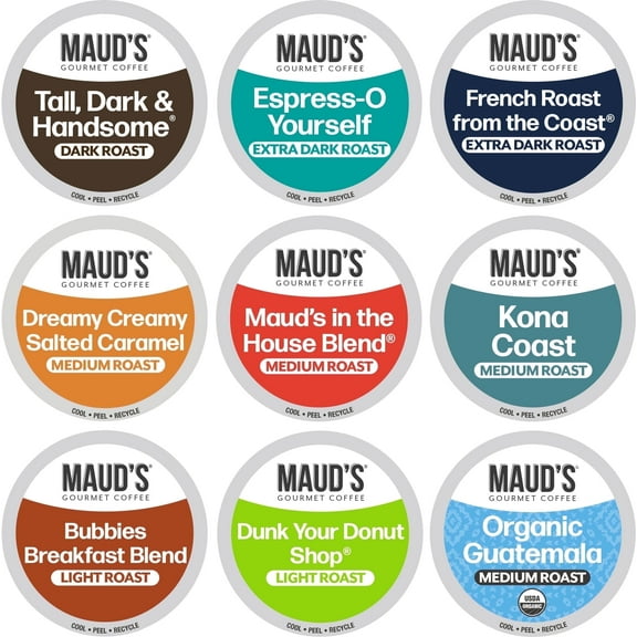 Maud's Original Flavored Coffee Pods Variety Pack, 80 ct, 9 Assorted Roasts, Dark & Medium Roast Coffee in Recyclable Single Serve Pods – 100% Arabica Beans, Compatible with Keurig K Cups Maker
