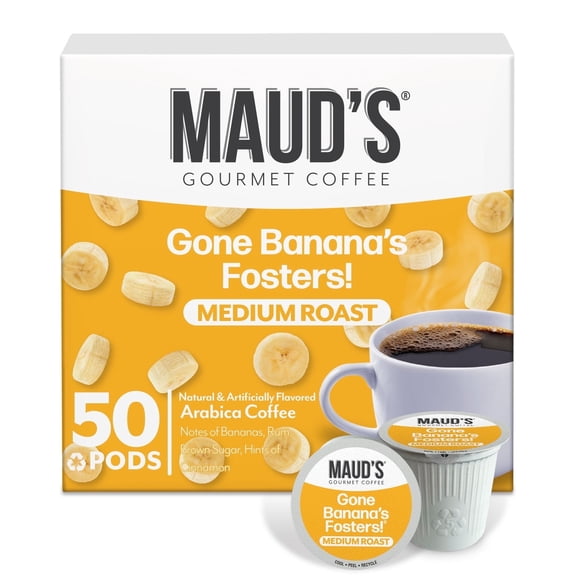 Maud's Banana Flavored Coffee Pods, 50 ct, Medium Roast Flavored Coffee in Single Serve Pods 100% Arabica Beans, Compatible with Keurig K Cups Maker