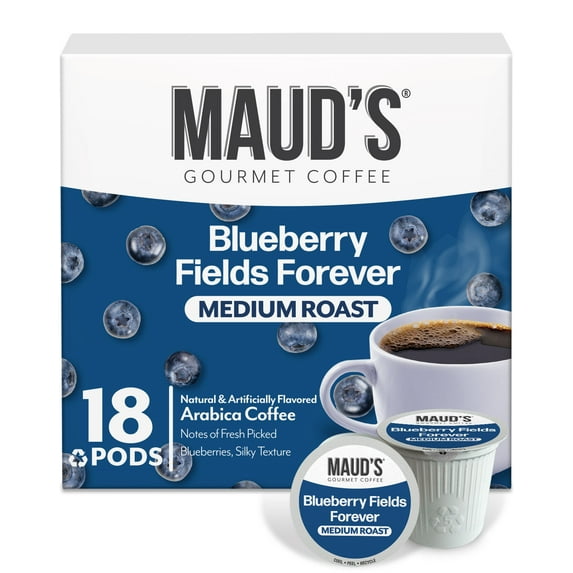 Maud's Blueberry Flavored Coffee Pods, 18 ct, Medium Roast Flavored Coffee in Recyclable Single Serve Pods – 100% Arabica Coffee, Compatible with Keurig K Cups Maker