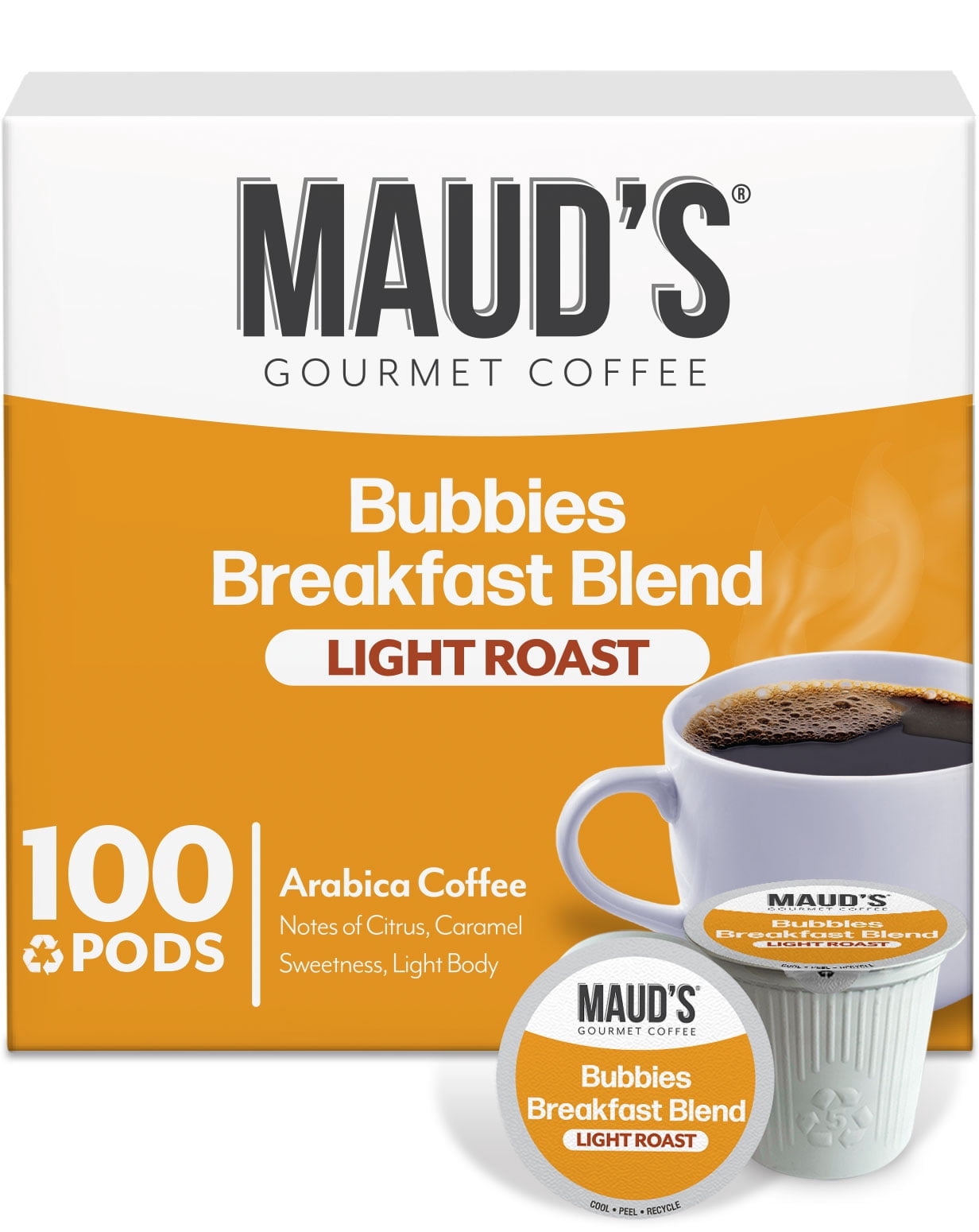 Maud's Breakfast Blend Coffee Pods, Bubbies Breakfast Blend, Compatible w/ K-Cup Brewers, 100ct