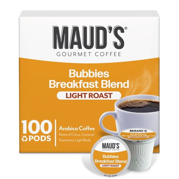 Maud's Breakfast Blend Coffee Pods, Bubbies Breakfast Blend, Compatible w/ K-Cup Brewers, 100ct
