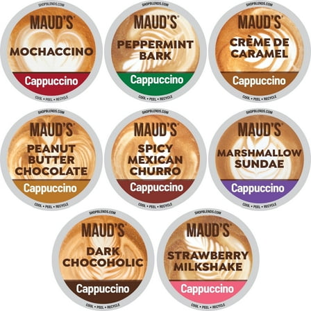 Maud's Cappuccino Coffee Pods Variety Pack, 56 ct, 8 Assorted Flavors, Recyclable Single Serve Pods – Compatible with Keurig K Cups Maker