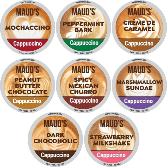 Maud's Cappuccino Coffee Pods Variety Pack, 56 ct, 8 Assorted Flavors, Recyclable Single Serve Pods  Compatible with Keurig K Cups Maker