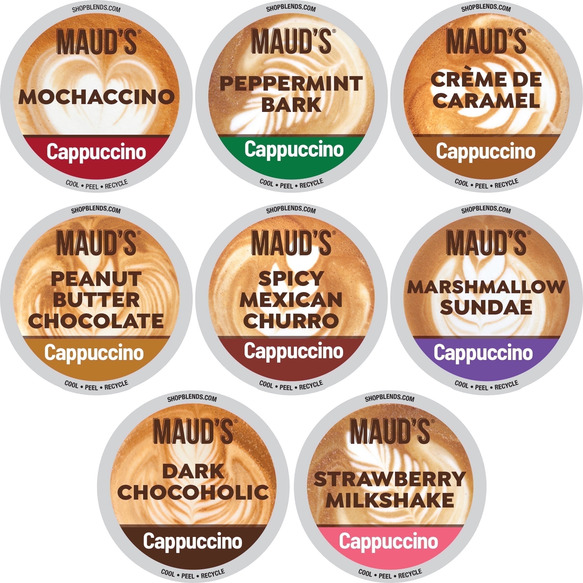 Maud's Cappuccino Coffee Pods Variety Pack, 56 ct, 8 Assorted Flavors, Single Serve Pods – Compatible with Keurig K Cups Maker