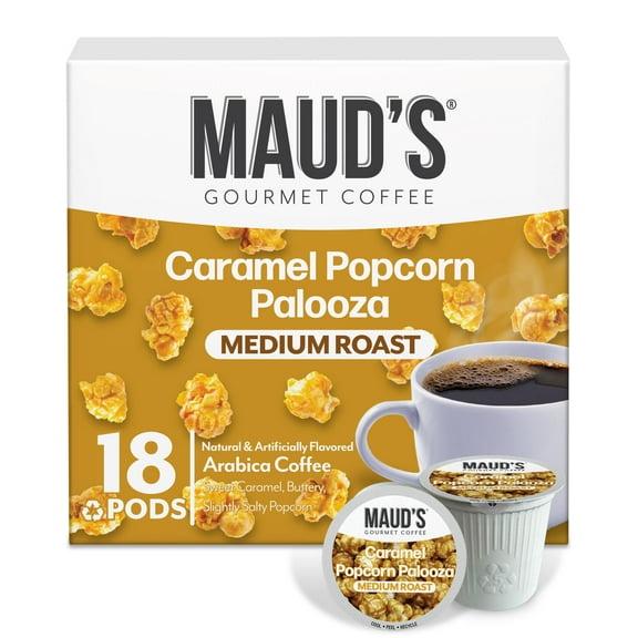 Maud's Caramel Popcorn Flavored Coffee Pods, 18 ct, Medium Roast Flavored Coffee in Recyclable Single Serve Pods  100% Arabica Coffee, Compatible with Keurig K Cups Maker