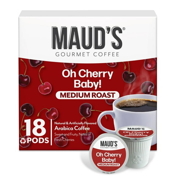 Maud's Cherry Flavored Coffee Pods, 18 ct, Medium Roast Flavored Coffee in Single Serve Pods 100% Arabica Beans, Compatible with Keurig K Cups Maker