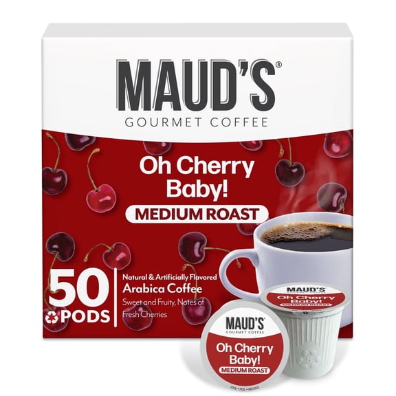 Maud's Cherry Flavored Coffee Pods, 50ct, Medium Roast Flavored Coffee in Single Serve Pods 100% Arabica Beans, Compatible with Keurig K Cups Maker