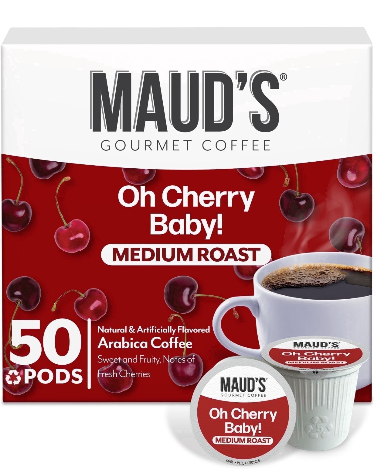 Maud's Cherry Flavored Coffee Pods, 50ct, Medium Roast Flavored Coffee in Single Serve Pods – 100% Arabica Beans, Compatible with Keurig K Cups Maker