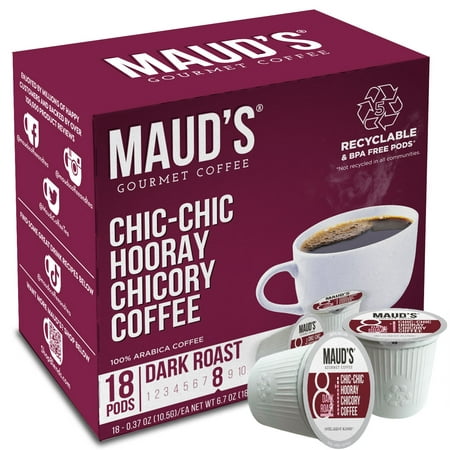 Maud's Chicory Coffee Dark Roast (Chic-Chic Hooray), 18ct. Solar Energy Produced Recyclable Single Serve Chicory Dark Roast Coffee Pods – 100% Arabica Coffee California Roasted, KCup Compatible