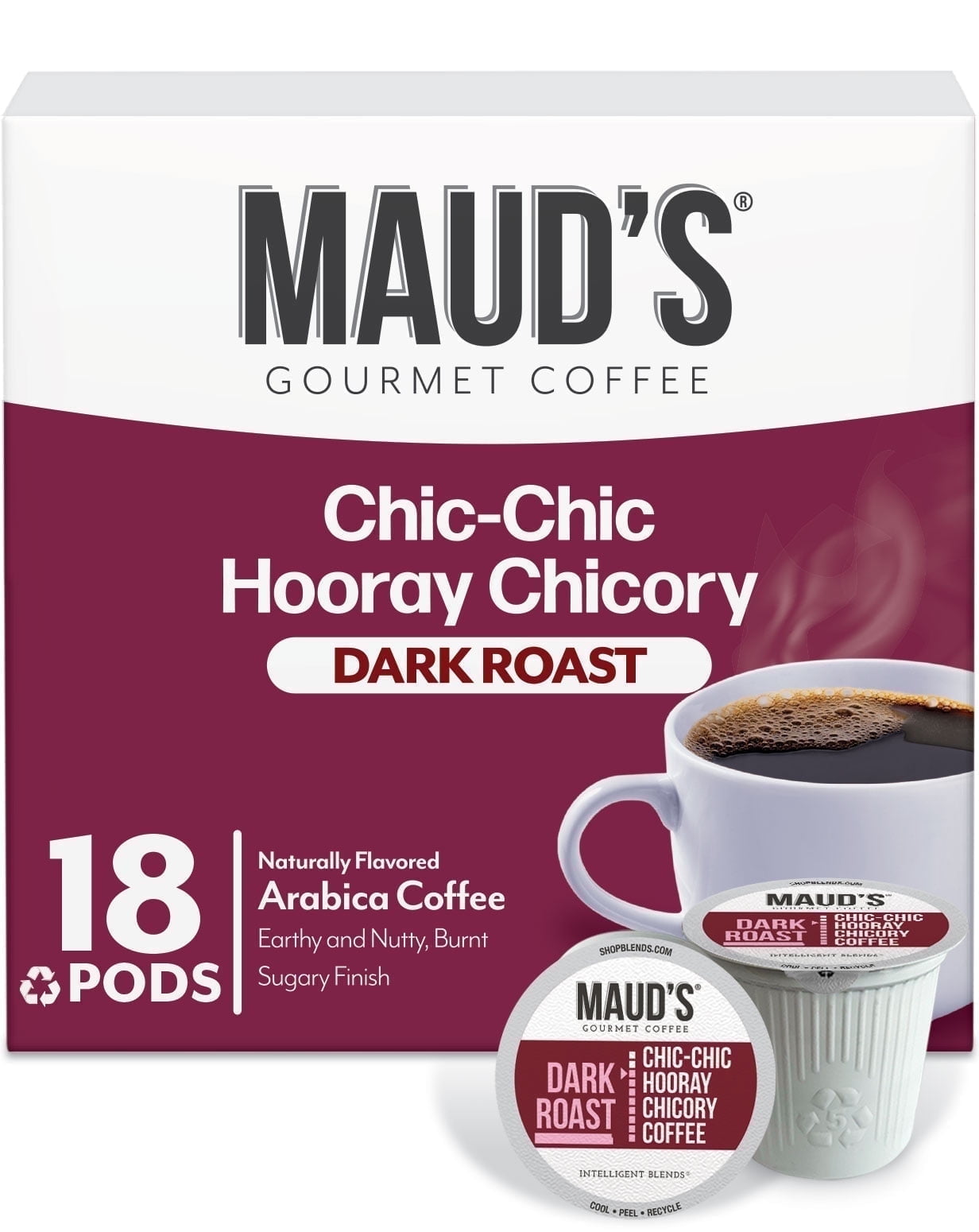 Maud's Chicory Flavored Coffee Pods, 18 ct, Dark Roast Flavored Coffee in Recyclable Single Serve Pods 100% Arabica Beans, Compatible with Keurig K Cups Maker