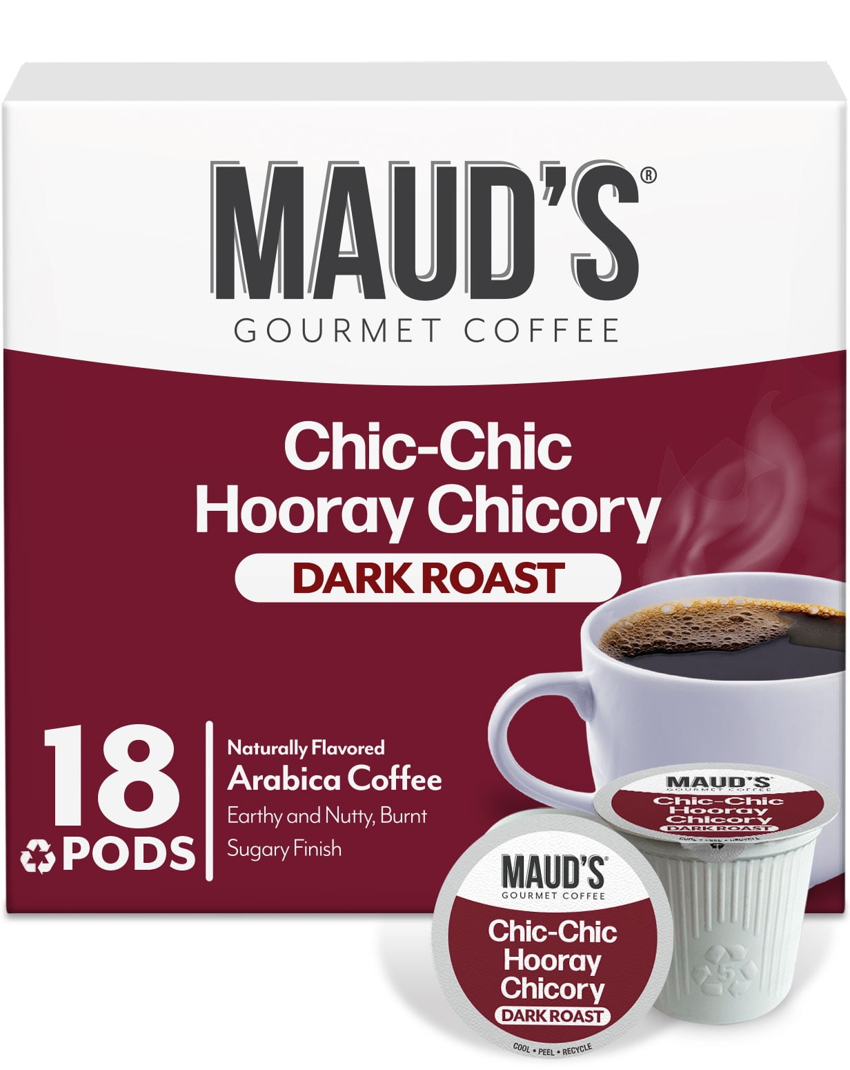 Maud's Chicory Flavored Coffee Pods, 18 ct, Dark Roast Flavored Coffee in Recyclable Single Serve Pods 100% Arabica Beans, Compatible with Keurig K Cups Maker