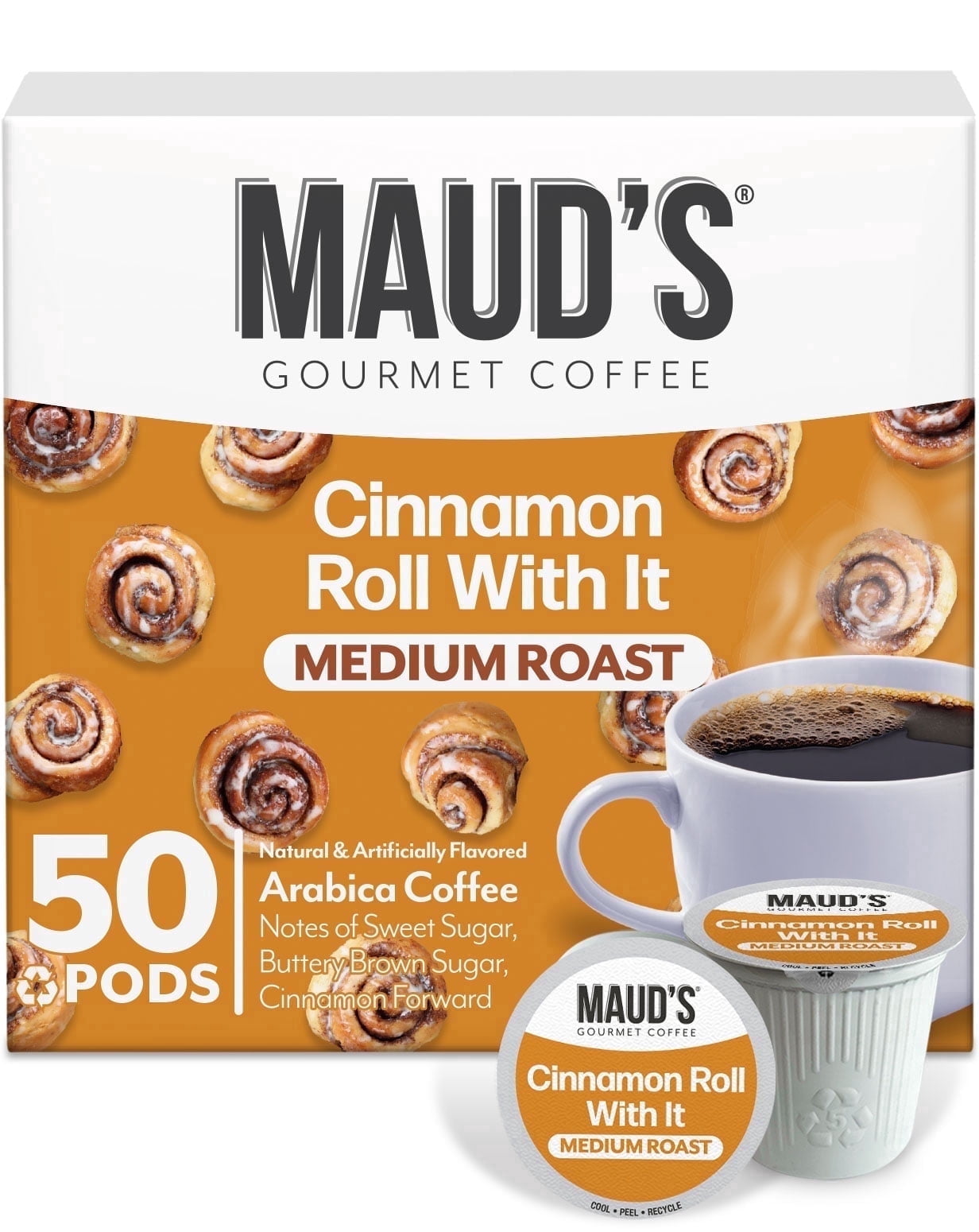 Maud's Cinnamon Roll Flavored Coffee Pods, 50 ct, Medium Roast Flavored Coffee in Single Serve Pods – 100% Arabica Beans, Compatible with Keurig K Cups Maker