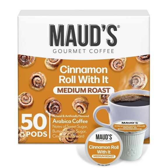 Maud's Cinnamon Roll Flavored Coffee Pods, 50 ct, Medium Roast Flavored Coffee in Recyclable Single Serve Pods 100% Arabica Beans, Compatible with Keurig K Cups Maker