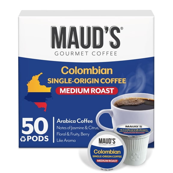 Maud's Colombian Coffee Pods, 50 ct, Single Origin, Medium Roast Coffee in Recyclable Single Serve Pods  100% Arabica Coffee, Compatible with Keurig K Cups Maker