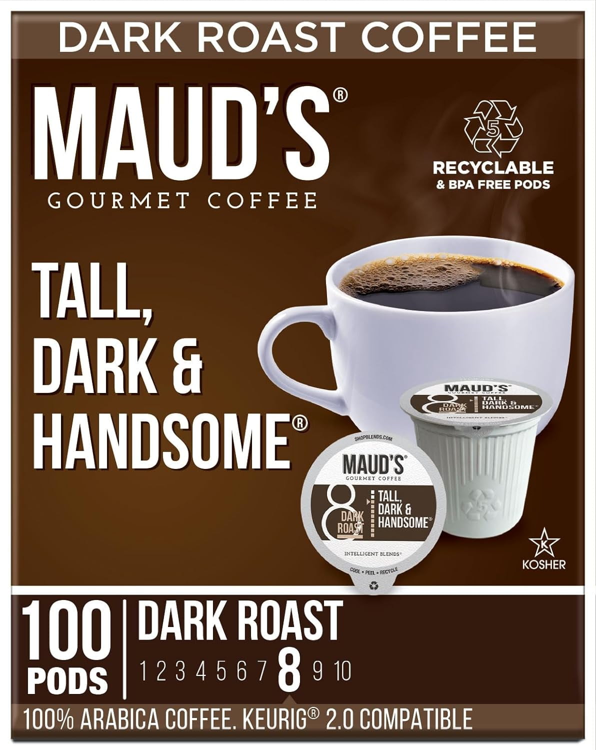 Maud's Dark Roast Coffee Pods, 100 ct Tall, Dark & Handsome Coffee