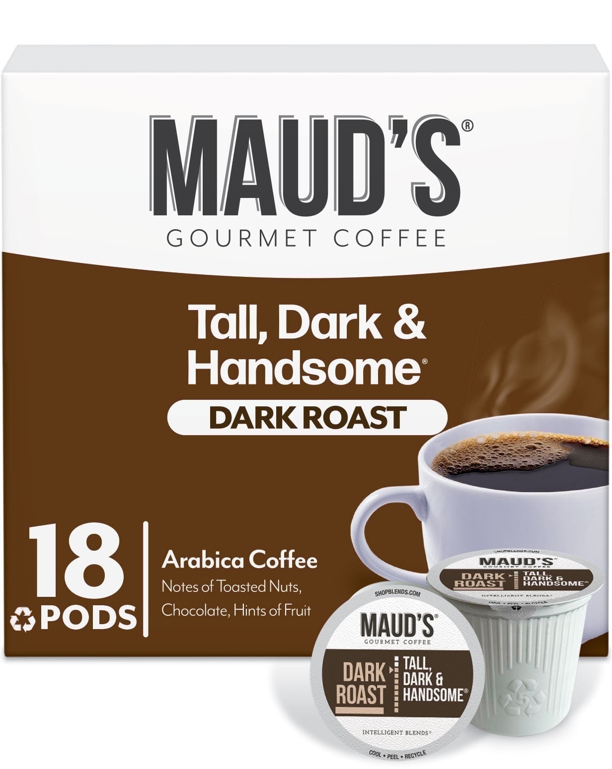 Maud's Dark Roast Coffee Pods, Tall Dark and Handsome, Compatible w/ K-Cup Brewers, 18ct