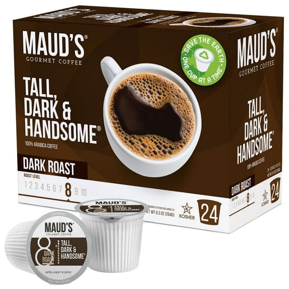 Maud's Dark Roast Coffee (Tall Dark and Handsome) 24ct. Solar Energy Produced Recyclable Single Serve Dark Roast Coffee Pods, 100% Arabica Coffee California Roasted, KCup Compatible