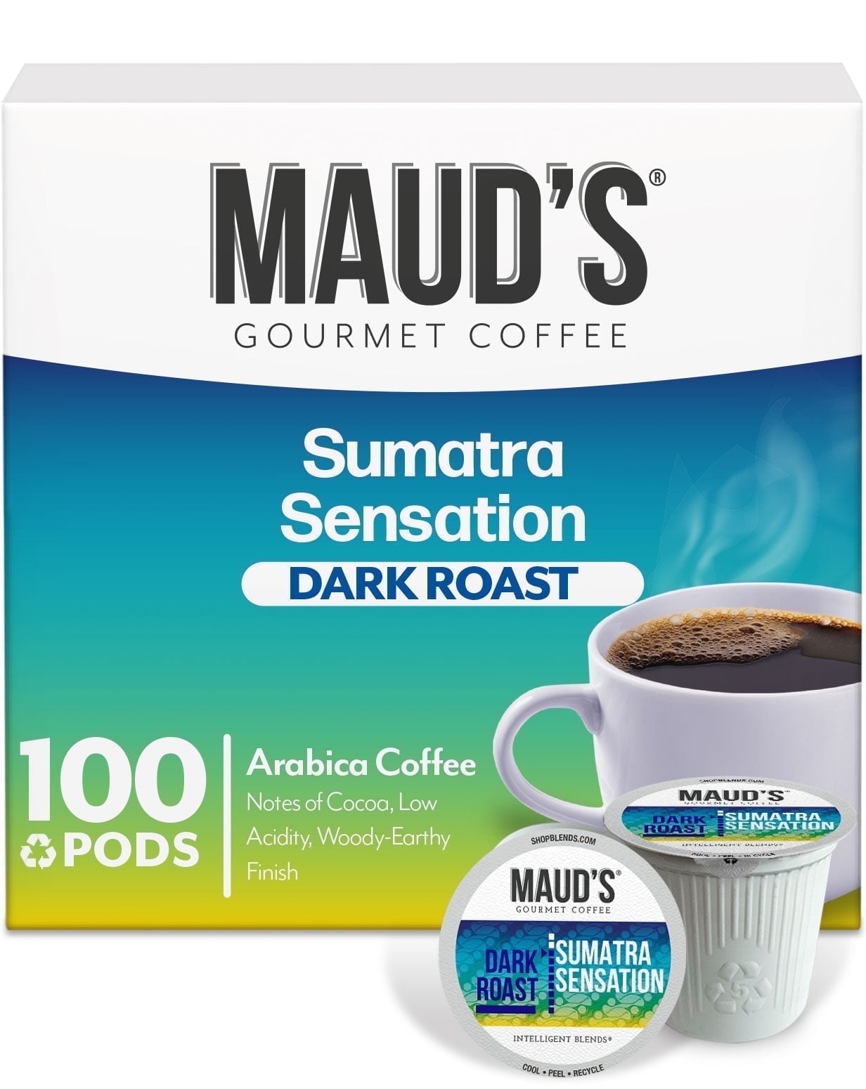 Maud's Sumatra Coffee Pods, 100 ct, Dark Roast Coffee in Recyclable Single Serve Pods 100% Arabica Coffee, Compatible with Keurig K Cups Maker