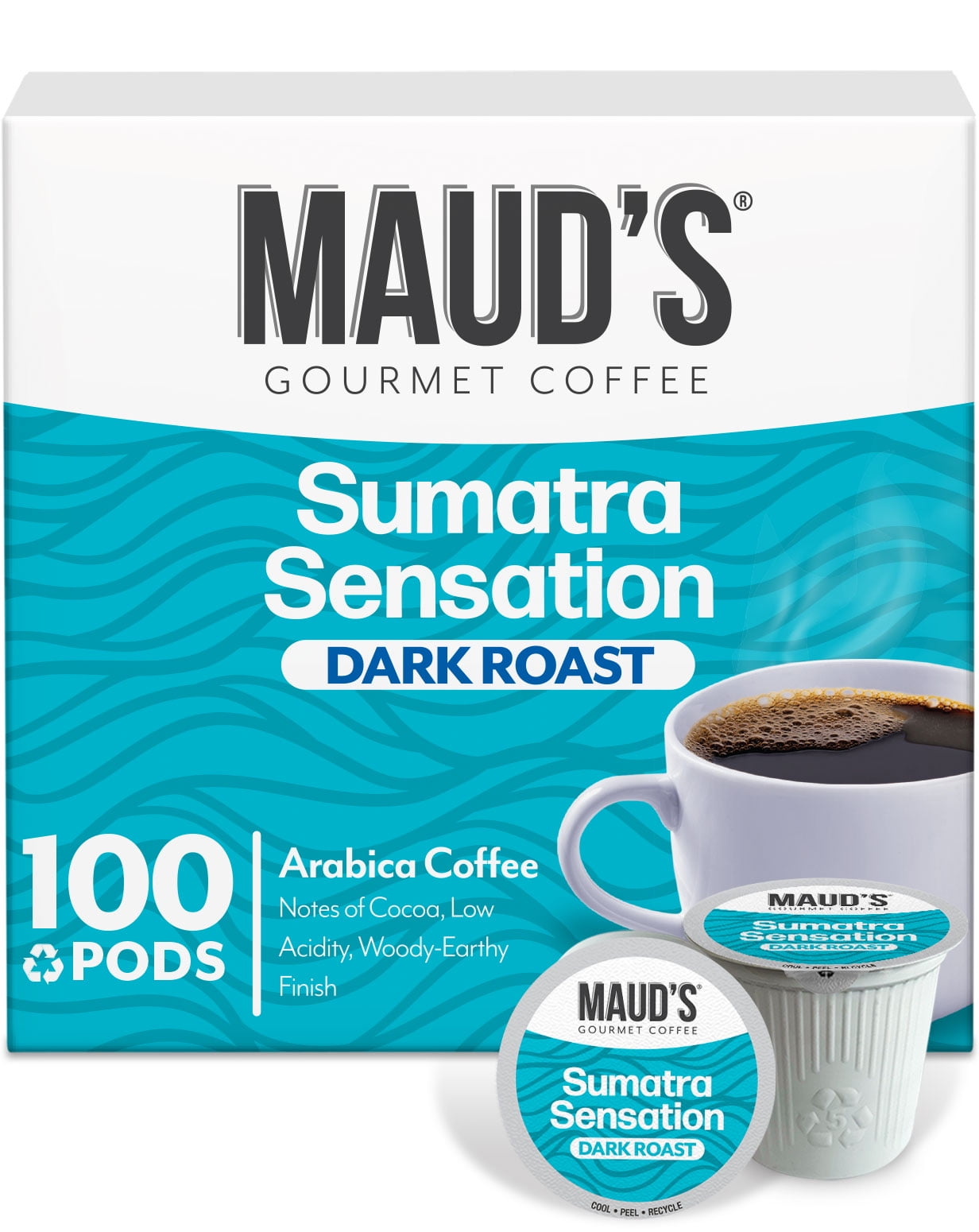 Maud's Sumatra Coffee Pods, 100 ct, Dark Roast Coffee in Recyclable Single Serve Pods 100% Arabica Coffee, Compatible with Keurig K Cups Maker