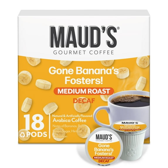 Maud's Decaf Banana Flavored Coffee Pods, 18 ct, Decaffeinated Medium Roast Flavored Coffee in Recyclable Single Serve Pods – 100% Arabica Beans, Compatible with Keurig K Cups Maker