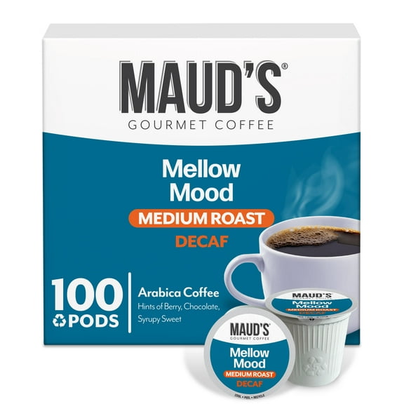 Maud's Decaf Dark Medium Roast Coffee Pods, Mellow Mood Decaf, Compatible w/ K-Cup Brewers, 100ct