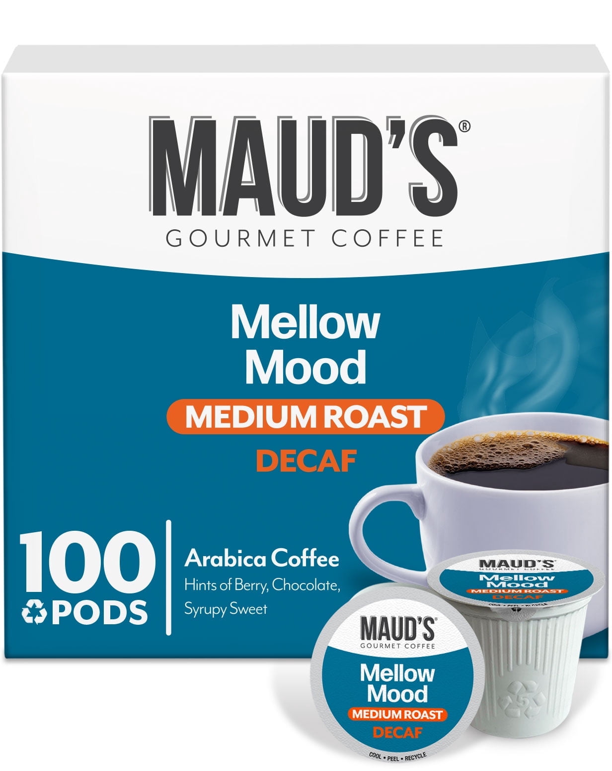 Maud's Decaf Dark Medium Roast Coffee Pods, Mellow Mood Decaf, Compatible w/ K-Cup Brewers, 100ct