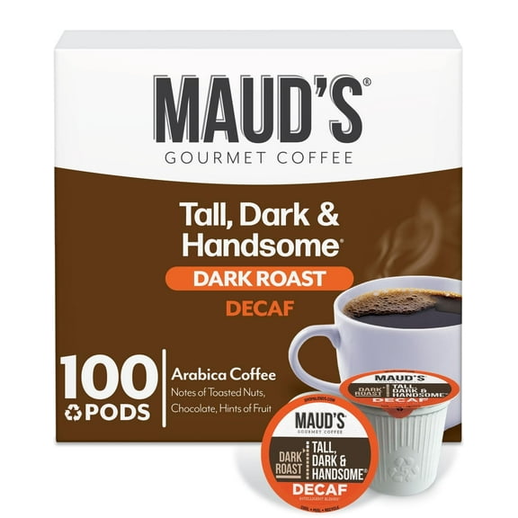 Maud's Decaf Dark Roast Coffee Pods, Tall Dark and Handsome, Compatible w/ K-Cup Brewers, 100ct