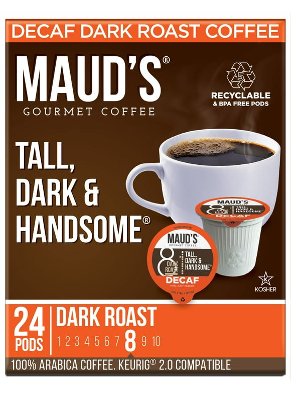 Maud's Decaf Dark Roast Coffee Pods, Tall Dark and Handsome, Compatible w/ K-Cup Brewers, 24ct