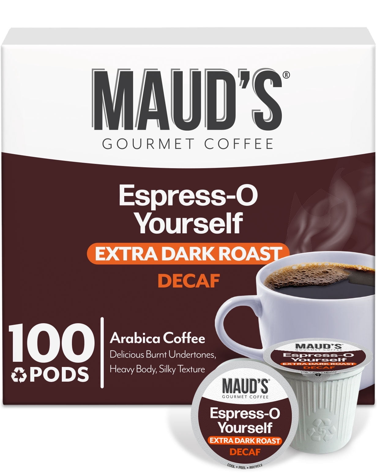 Maud's Decaf Espresso Roast Coffee Pods, 100 ct, Decaffeinated Dark Roast Coffee in Single Serve Pods – 100% Arabica Coffee, Compatible with Keurig K Cups Maker