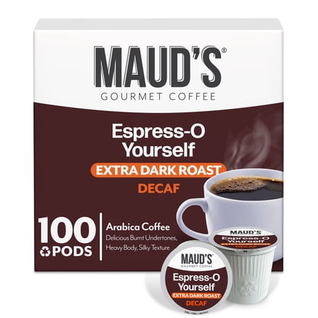 Maud's Decaf Espresso Roast Coffee Pods, 100 ct, Decaffeinated Dark Roast Coffee in Single Serve Pods – 100% Arabica Coffee, Compatible with Keurig K Cups Maker