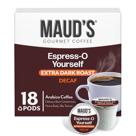 Maud's Decaf Espresso Roast Coffee Pods, 18 ct, Decaffeinated Dark Roast Single Serve Pods – 100% Arabica Coffee, Compatible with Keurig K Cups Maker
