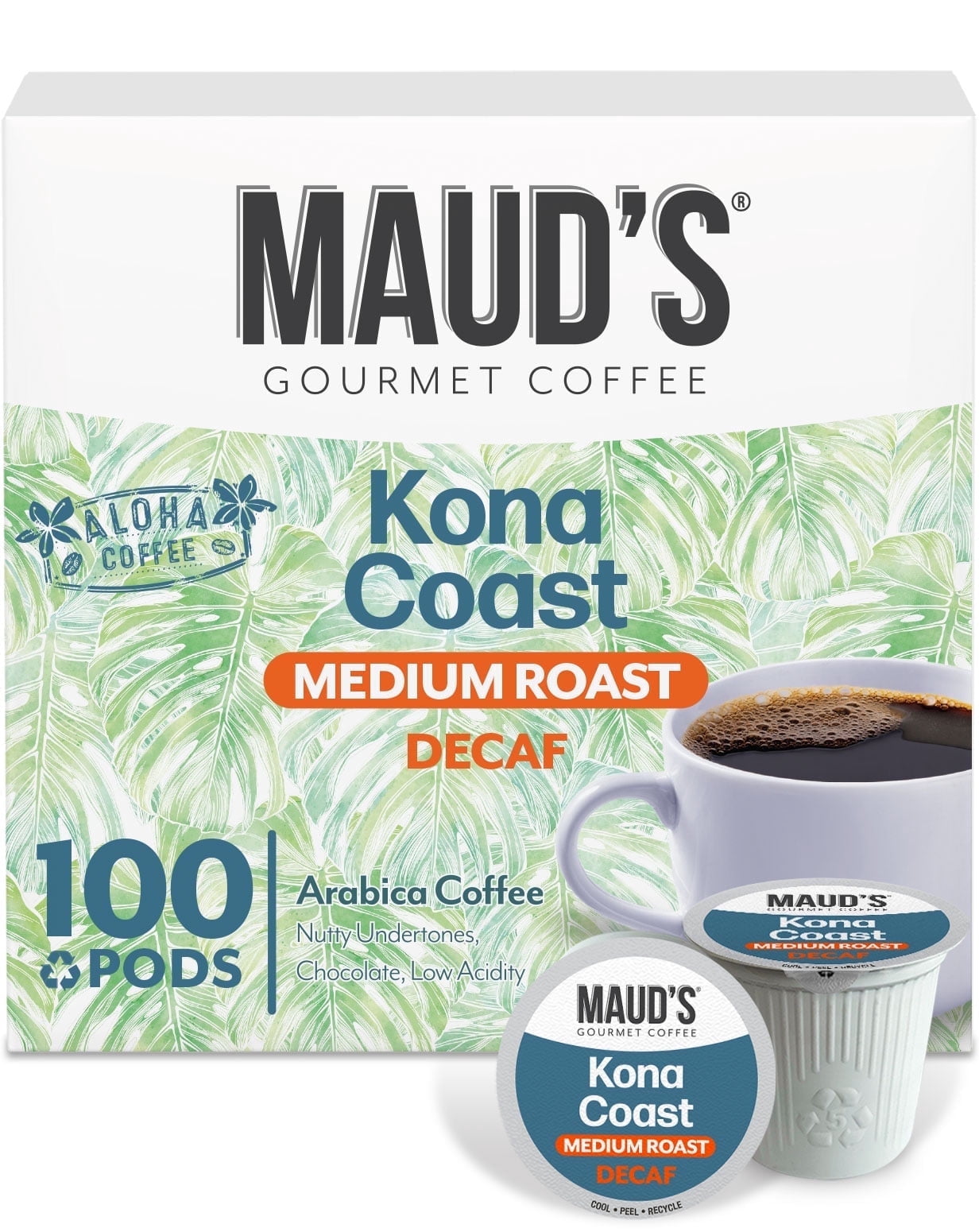 Maud's Decaf Kona Coffee Pods,100 ct, Decaffeinated Medium Roast Coffee in Single Serve Pods – 100% Arabica Beans, Compatible with Keurig K Cups Maker