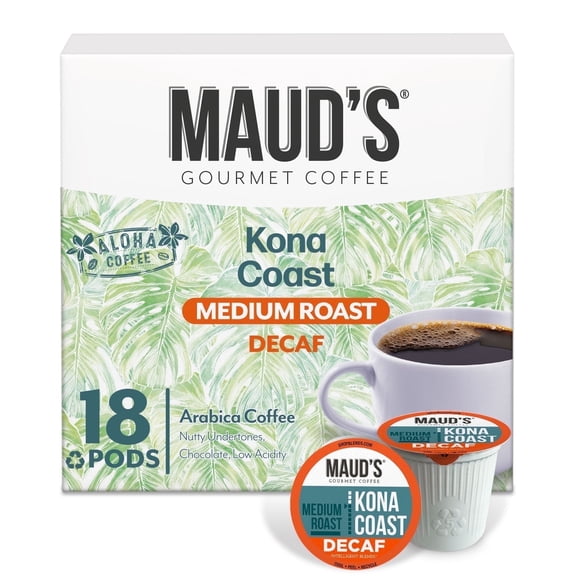 Maud's Decaf Kona Coffee Pods, 18 ct, Decaffeinated Medium Roast Coffee in Single Serve Pods 100% Arabica Coffee, Compatible with Keurig K Cups Maker
