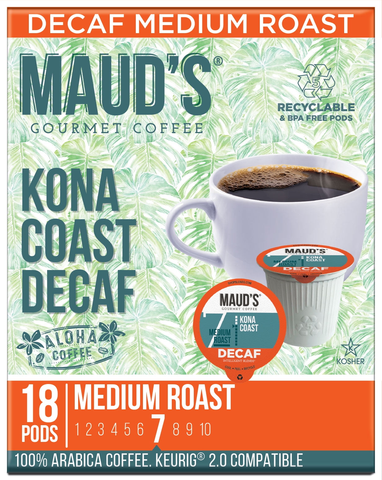 Maud's Decaf Kona Coffee Pods, Decaf Kona Coast, Compatible w/ K-Cup Brewers, 18ct