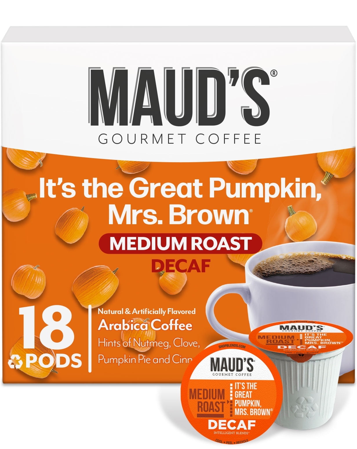 Maud's Decaf Pumpkin Spice Coffee Pods, Great Pumpkin Mrs. Brown, Compatible w/ K-Cup Brewers, 18ct
