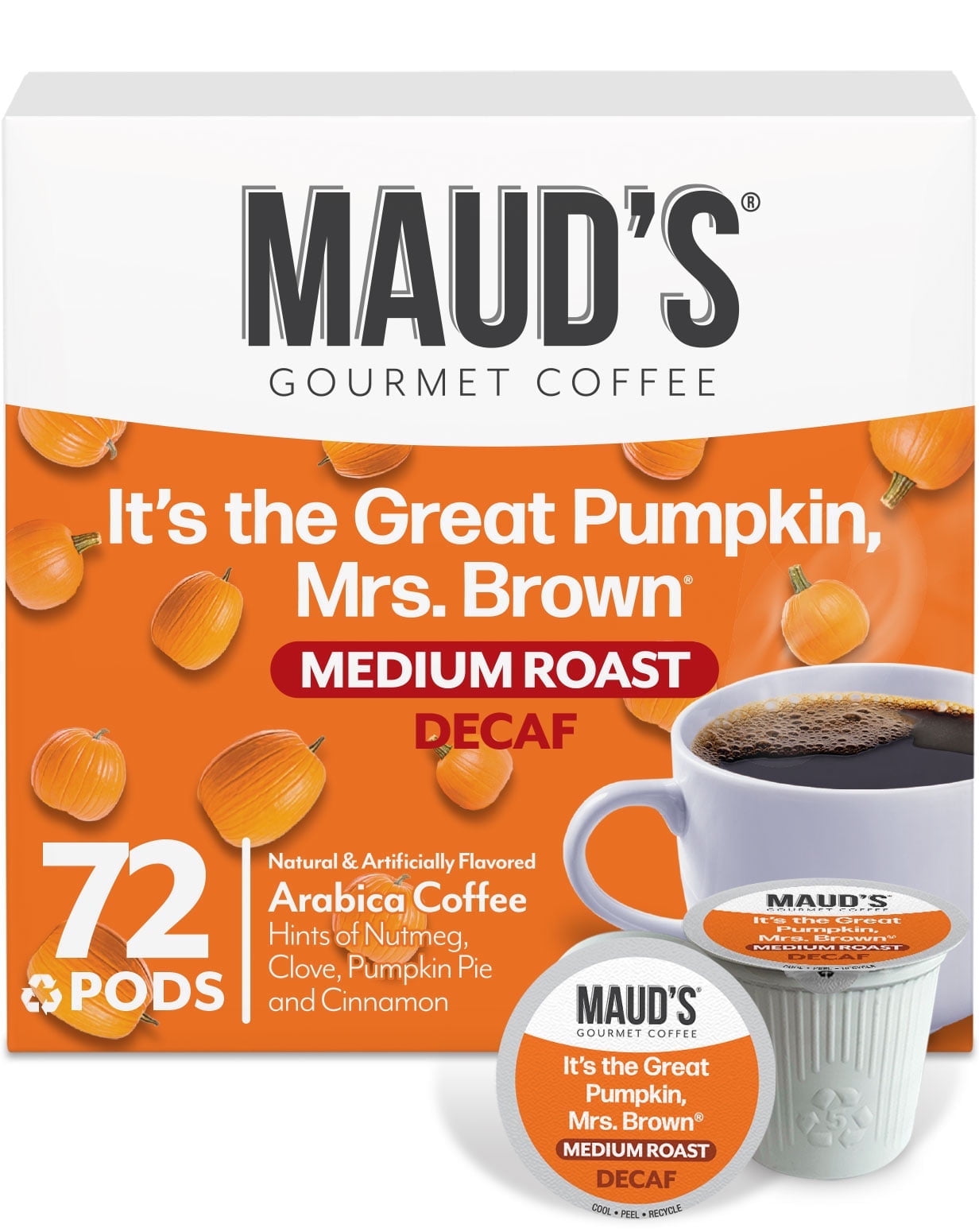 Maud's Decaf Pumpkin Spice Flavored Coffee Pods, 72 ct, Medium Roast Flavored Coffee in Recyclable Single Serve Pods 100% Arabica Coffee, Compatible with Keurig K Cups Maker