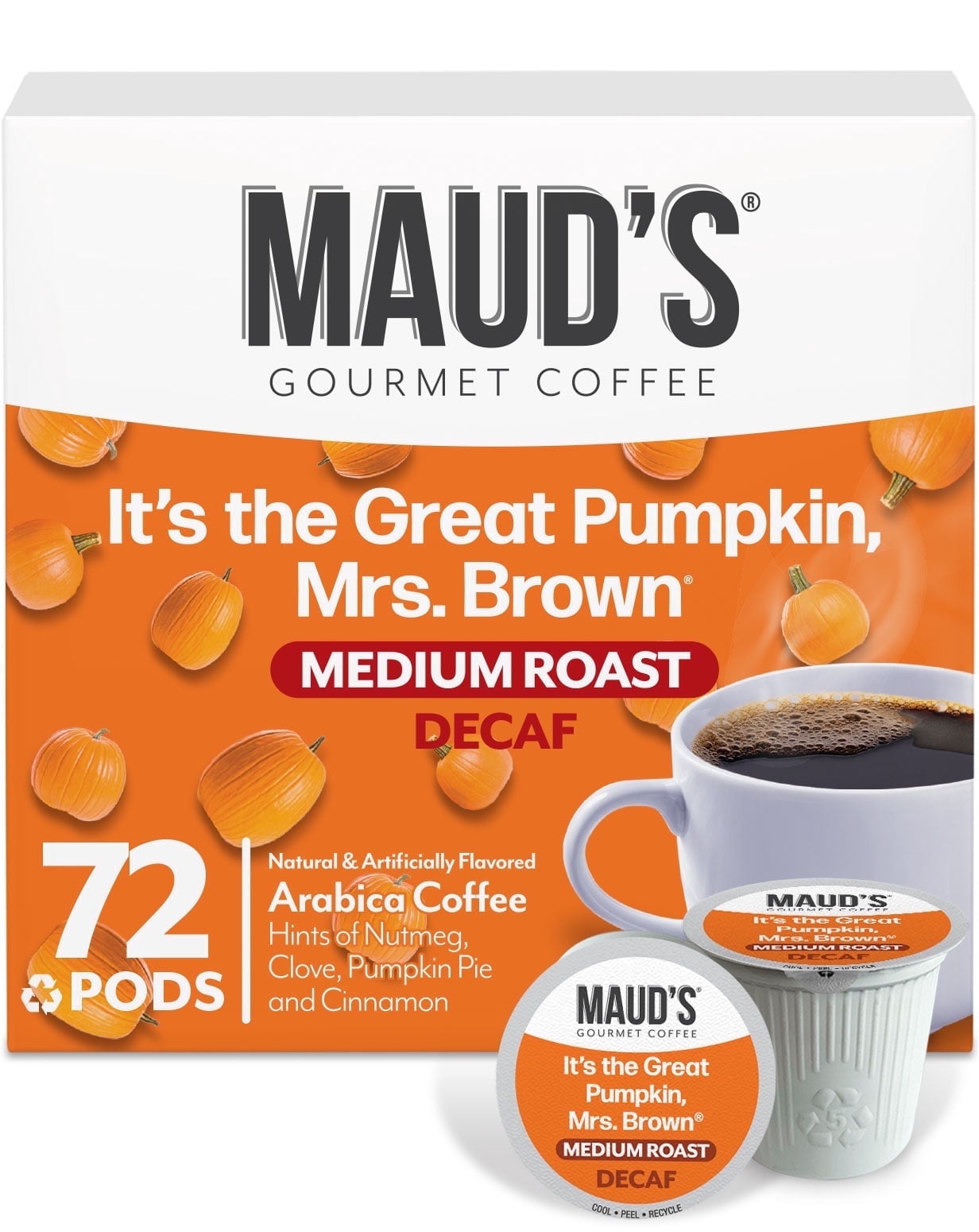 Maud's Decaf Pumpkin Spice Flavored Coffee Pods, 72 ct, Medium Roast Flavored Coffee in Single Serve Pods – 100% Arabica Coffee, Compatible with Keurig K Cups Maker