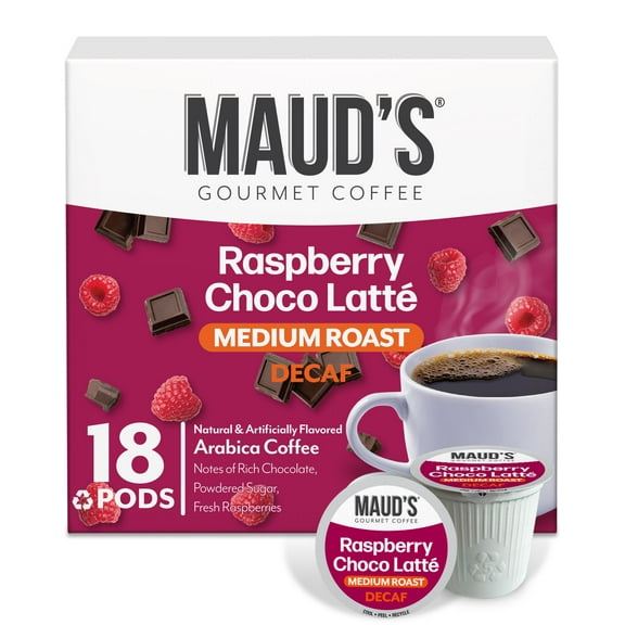 Maud's Decaf Raspberry Chocolate Flavored Coffee Pods, 18 ct, Decaffeinated Medium Roast Flavored Coffee in Recyclable Single Serve Pods  100% Arabica Beans, Compatible with Keurig K Cups Maker