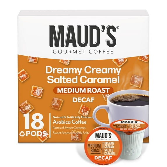 Maud's Decaf Salted Caramel Flavored Coffee Pods, 18 ct, Decaffeinated Medium Roast Flavored Coffee in Single Serve Pods – 100% Arabica Beans, Compatible with Keurig K Cups Maker