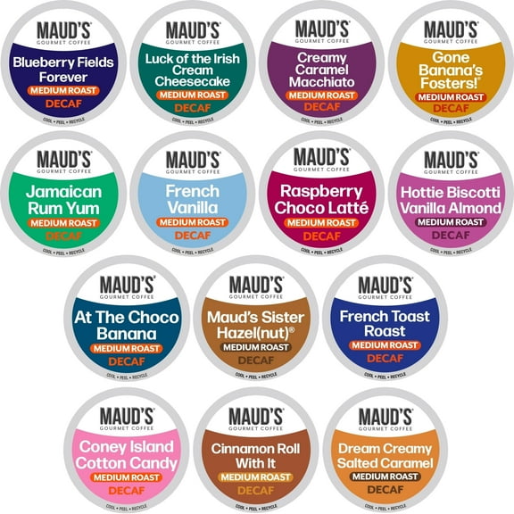Maud's Flavored Decaf Coffee Pods Variety Pack, 80 ct,14 Assorted Roasts & Flavors, Decaf Medium Roast Coffee in Recyclable Single Serve Pods - 100% Arabica Coffee, Compatible with Keurig K Cups Make
