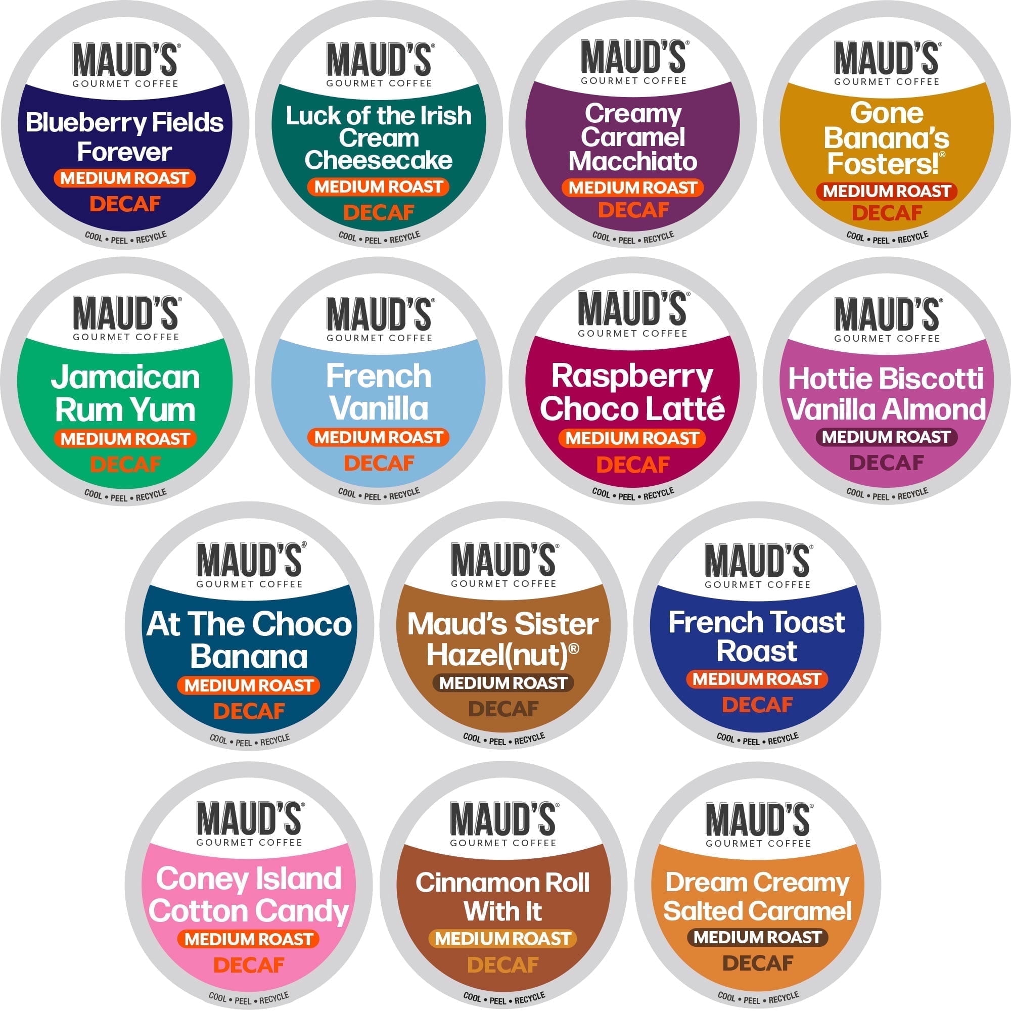 Maud's Flavored Decaf Coffee Pods Variety Pack, 80 ct,14 Assorted Roasts & Flavors, Decaf Medium Roast Coffee in Single Serve Pods - 100% Arabica Coffee, Compatible with Keurig K Cups Make