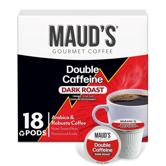 Maud's Double Caffeine Coffee Pods, 18 ct, Dark Roast Coffee in Recyclable Single Serve Pods 100% Arabica Coffee, Compatible with Keurig K Cups Maker