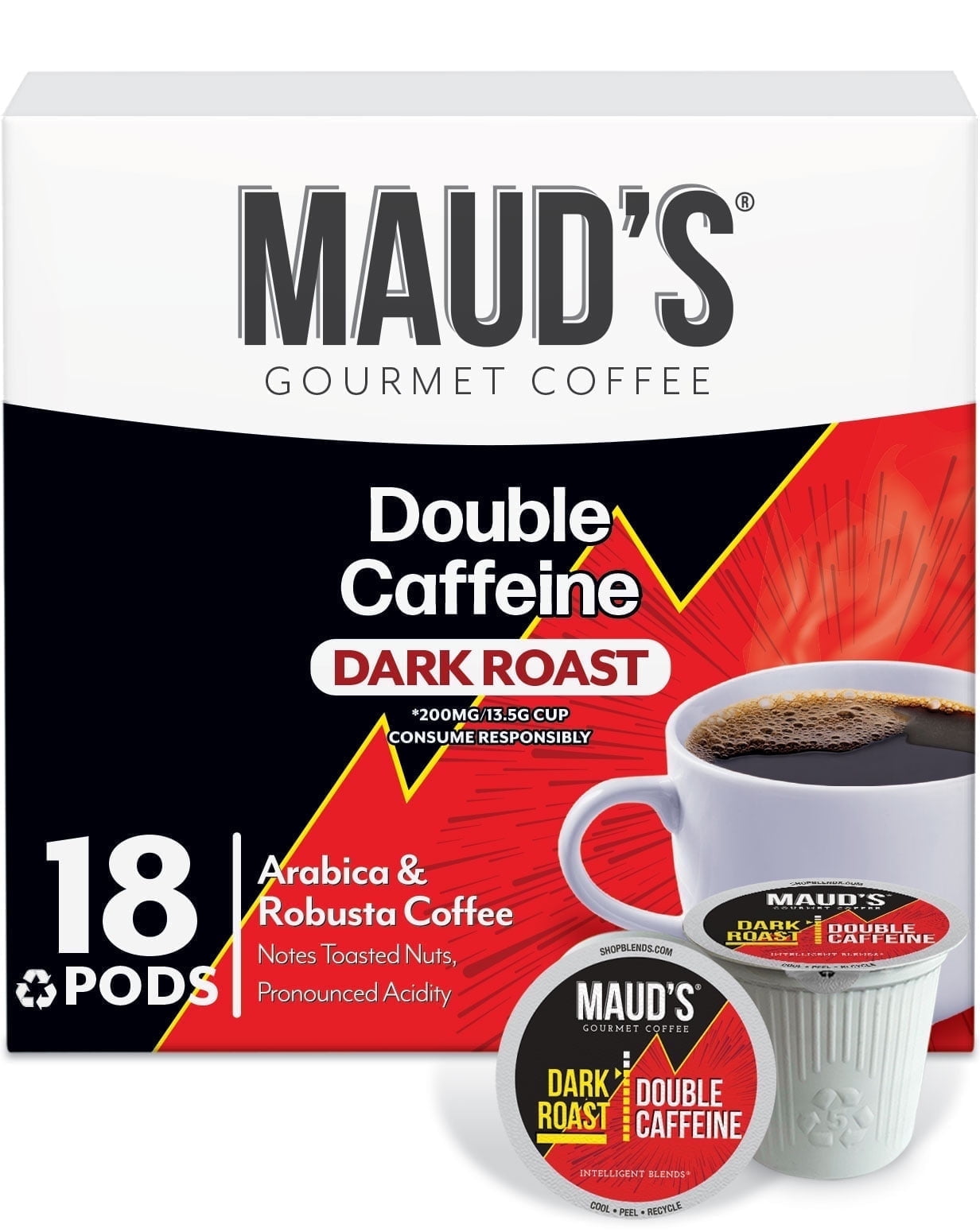 Maud's Double Caffeine Dark Roast Coffee, 2X Caffeine, Compatible w/ K-Cup Brewers, 18ct