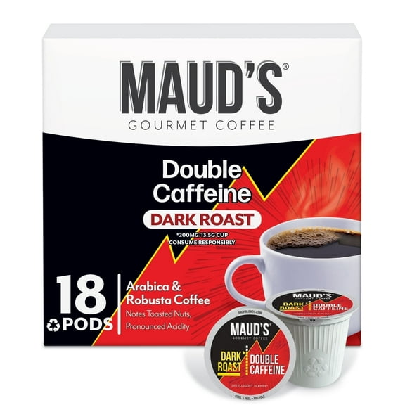 Maud's Double Caffeine Dark Roast Coffee, 2X Caffeine, Compatible w/ K-Cup Brewers, 18ct